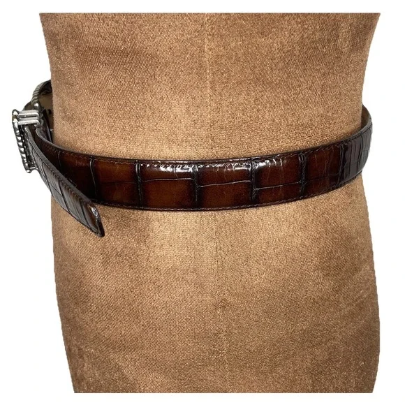 Fossil 90s Western Belt Brown Croc Leather Embossed  2-Tone Buckle Size Small - Picture 2 of 14